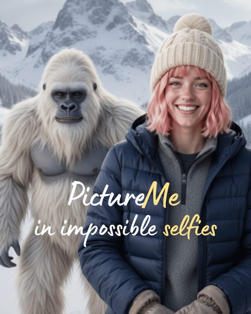 The PictureMe app logo featuring the text "PictureMe in impossible selfies" on a likely colourful or imaginative background.