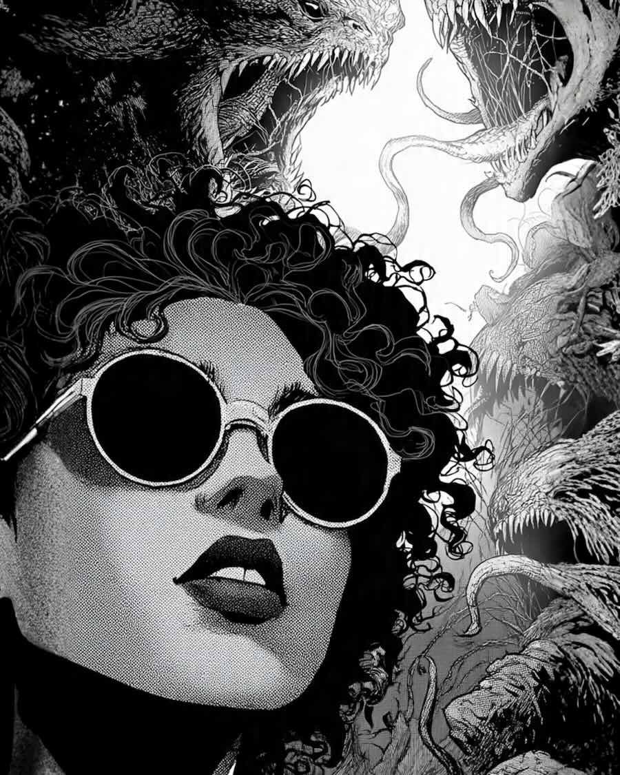 Graphic Novel Art: A striking black and white AI-generated graphic novel panel featuring a retro-futuristic woman with curly hair and round sunglasses looking up defiantly, while monstrous, fanged creatures and tangled tendrils lurk ominously in a high-contrast background.