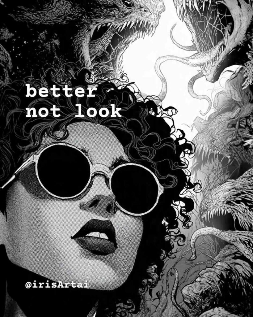 A striking black and white AI-generated graphic novel panel featuring a retro-futuristic woman with curly hair and round sunglasses looking up defiantly, while monstrous, fanged creatures and tangled tendrils lurk ominously in a high-contrast background.