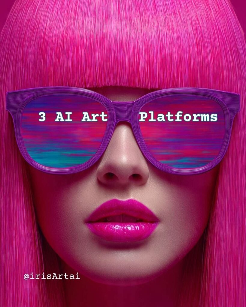 A hyperrealistic, neon pop-art close-up portrait of a woman with vibrant pink hair and magenta lipstick, wearing purple sunglasses. The lenses reflect a digital, colourful, abstract landscape. Text overlay reads '3 AI Art Platforms' with the handle '@irisArtai'.
