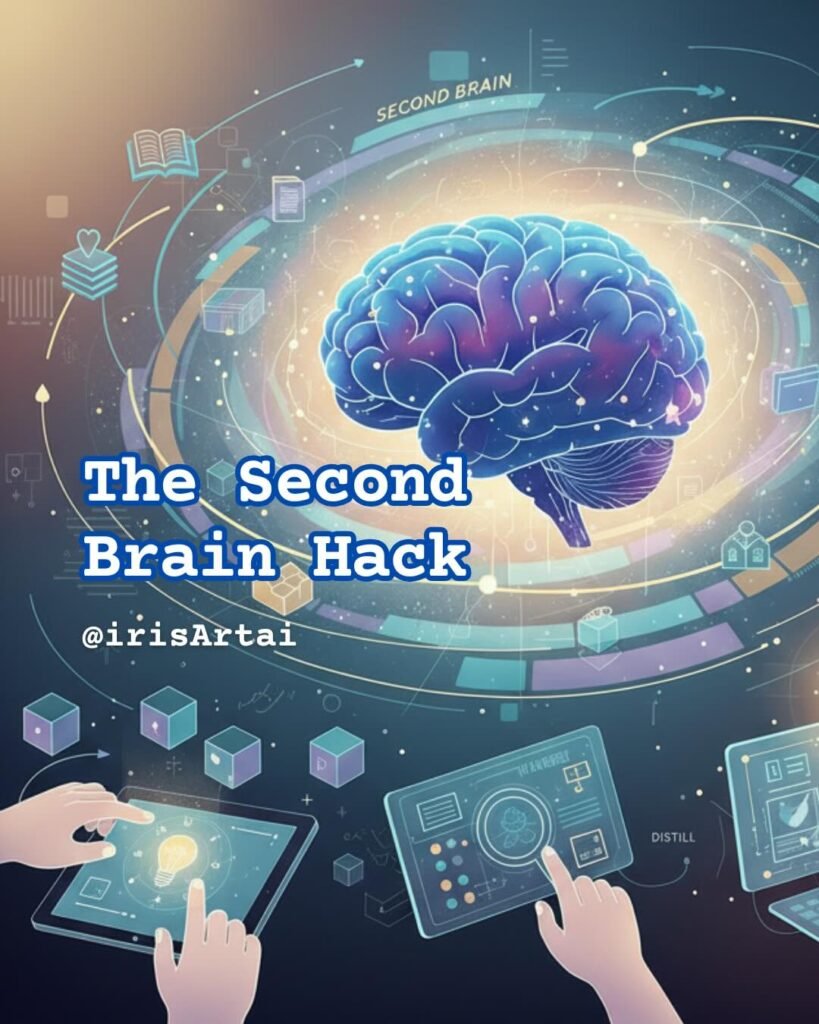 Futuristic digital artwork of a glowing brain surrounded by icons and devices, symbolising the Second Brain hack with AI tools.