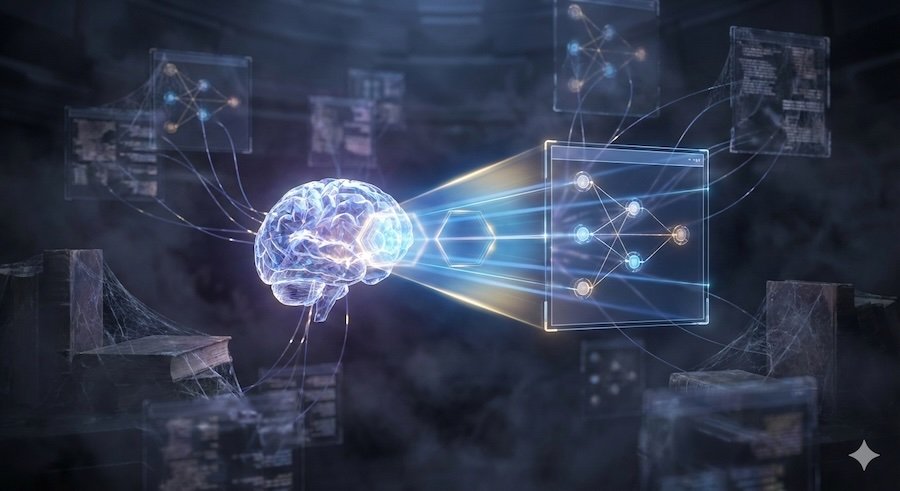 AI Visibility Concept: A glowing crystal artificial intelligence brain illuminates a perfectly structured, transparent holographic knowledge graph with a focused light beam. In the dark background, old, dusty books covered in cobwebs and fragmented, blurry data screens fade away, symbolizing unstructured and obsolete content that is invisible to AI models.