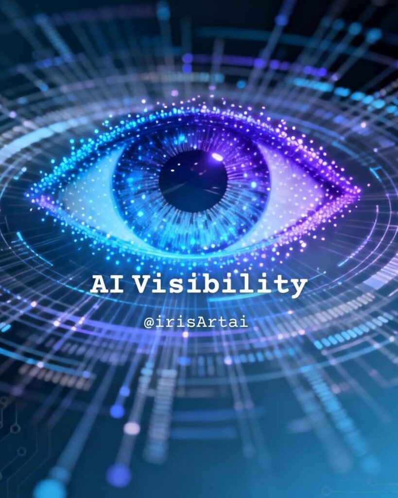 A futuristic, luminous digital eye rendered in neon blue and purple, surrounded by intricate, circular technological data patterns and glowing particles. Centred in the foreground is bold white text reading ‘AI Visibility’ with the social media handle ‘@irisArtai’ displayed beneath on a dark, high-tech background.