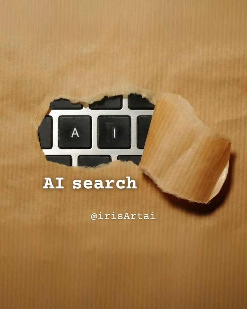 AI search concept revealed beneath torn paper, showing keyboard keys spelling “AI”, symbolising the emergence of artificial intelligence in search technology.